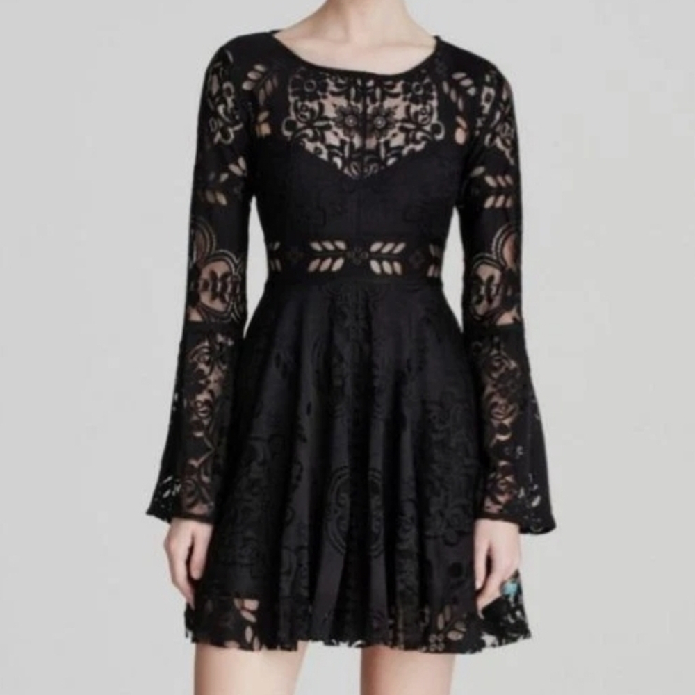 Free People Black Lace Long Sleeve Fit-and-Flare Mini Dress